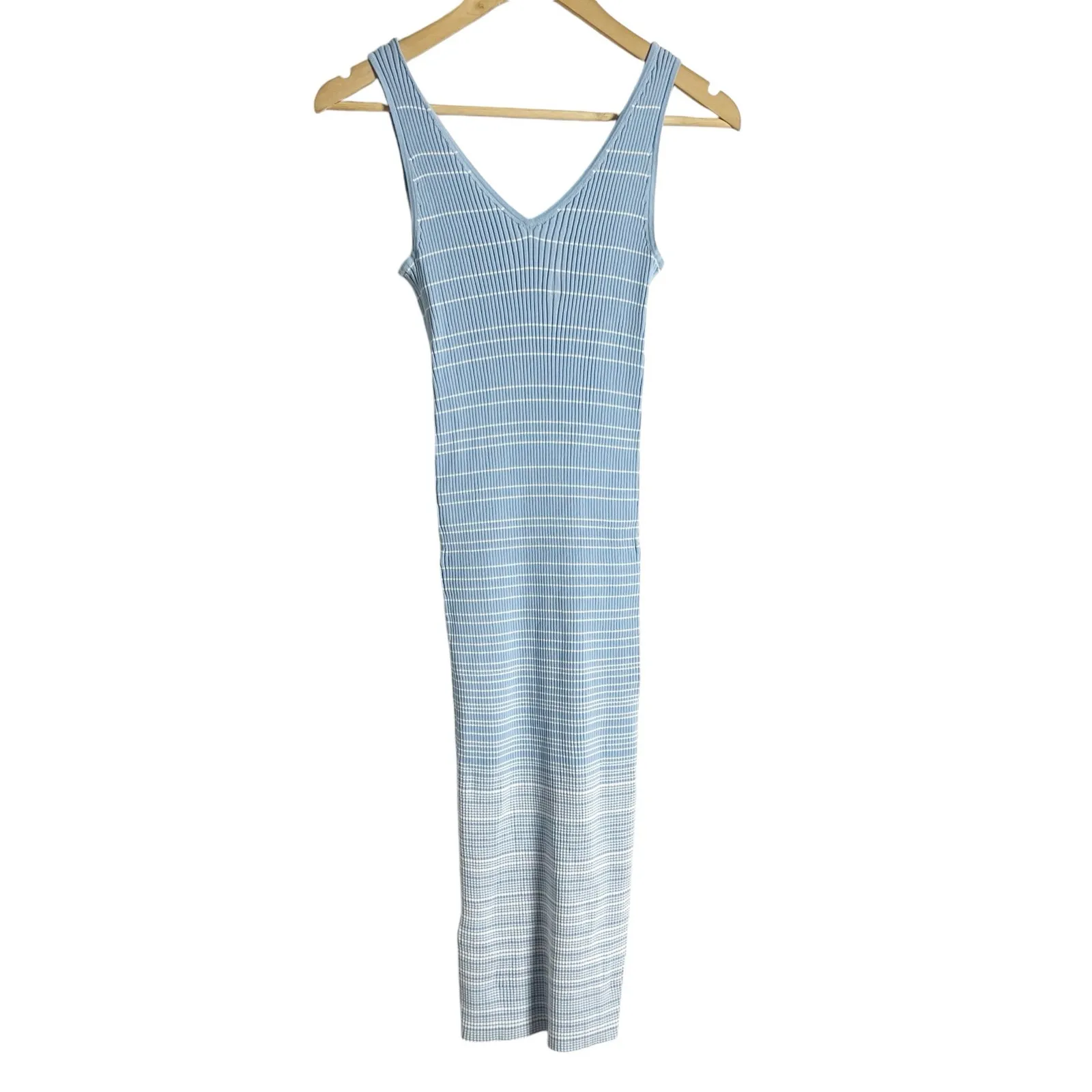Staud Blue Dana Stretch Ombre Striped Knit Sleeveless V-Neck Midi Dress Size S - Image 5