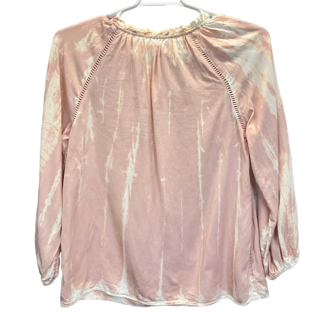 Knox Rose Pink White Tie Dye Tops Blouse Long Sleeve Loose Fit Ruffle Trim Sz M - Image 4