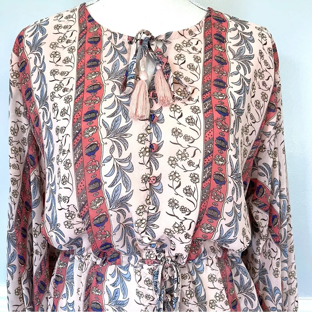 Anthropologie Allison New York Pink Floral Button Front Tassel Tie Blouse Small - Image 4