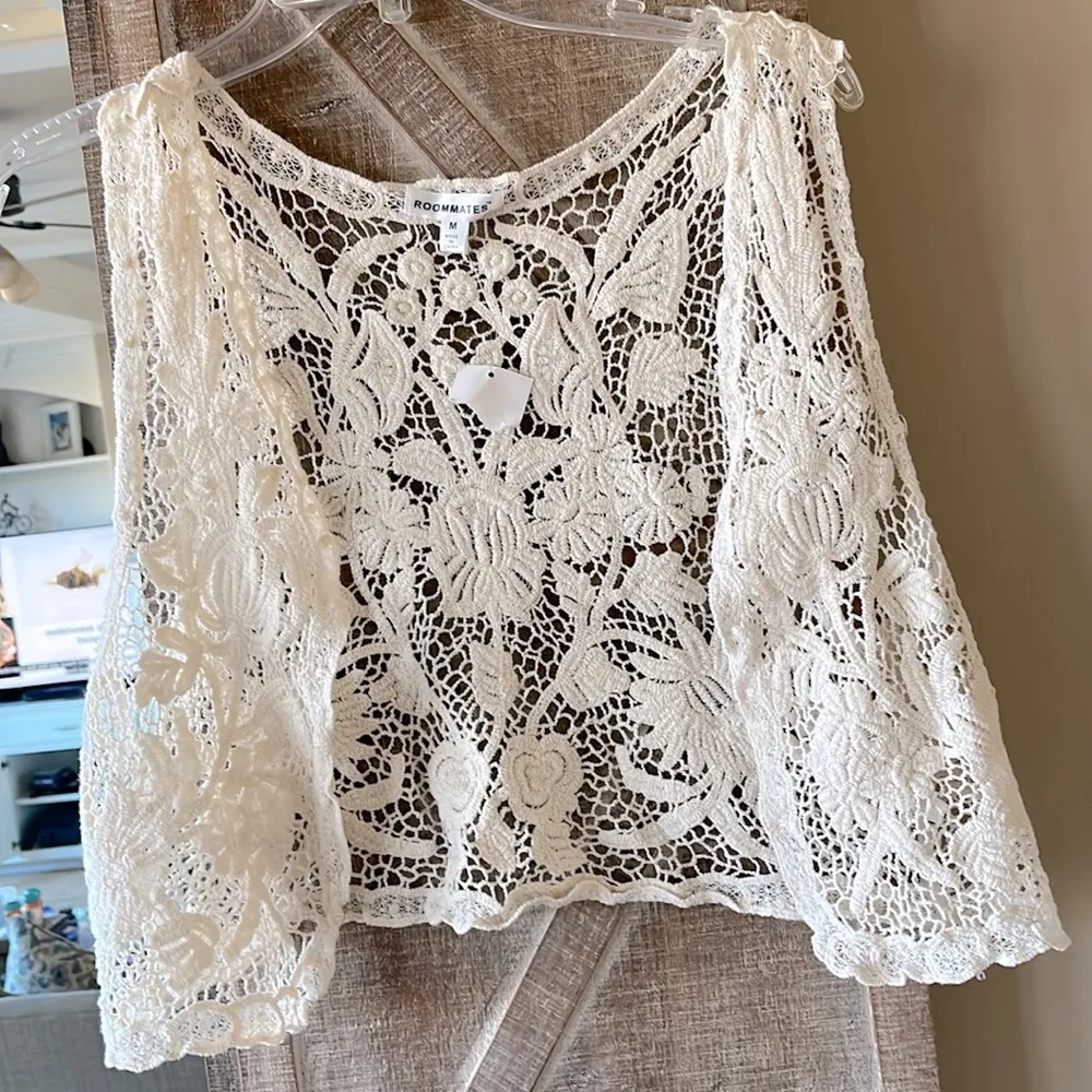 Romantic Crochet Lace Beige Cotton cropped Vest Womens Medium - Image 6