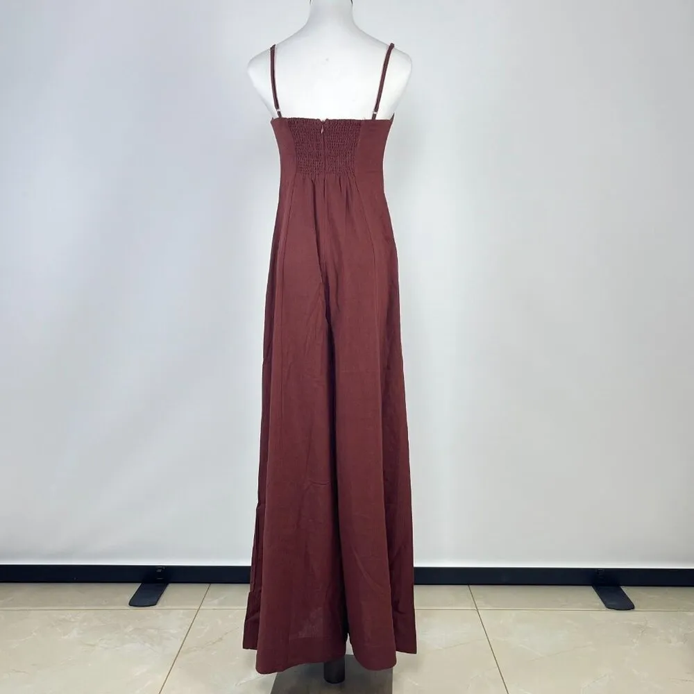 NWOT Farm Rio Linen Blend Sleeveless Halter Wide Leg Jumpsuit Sz S Brown - Image 7