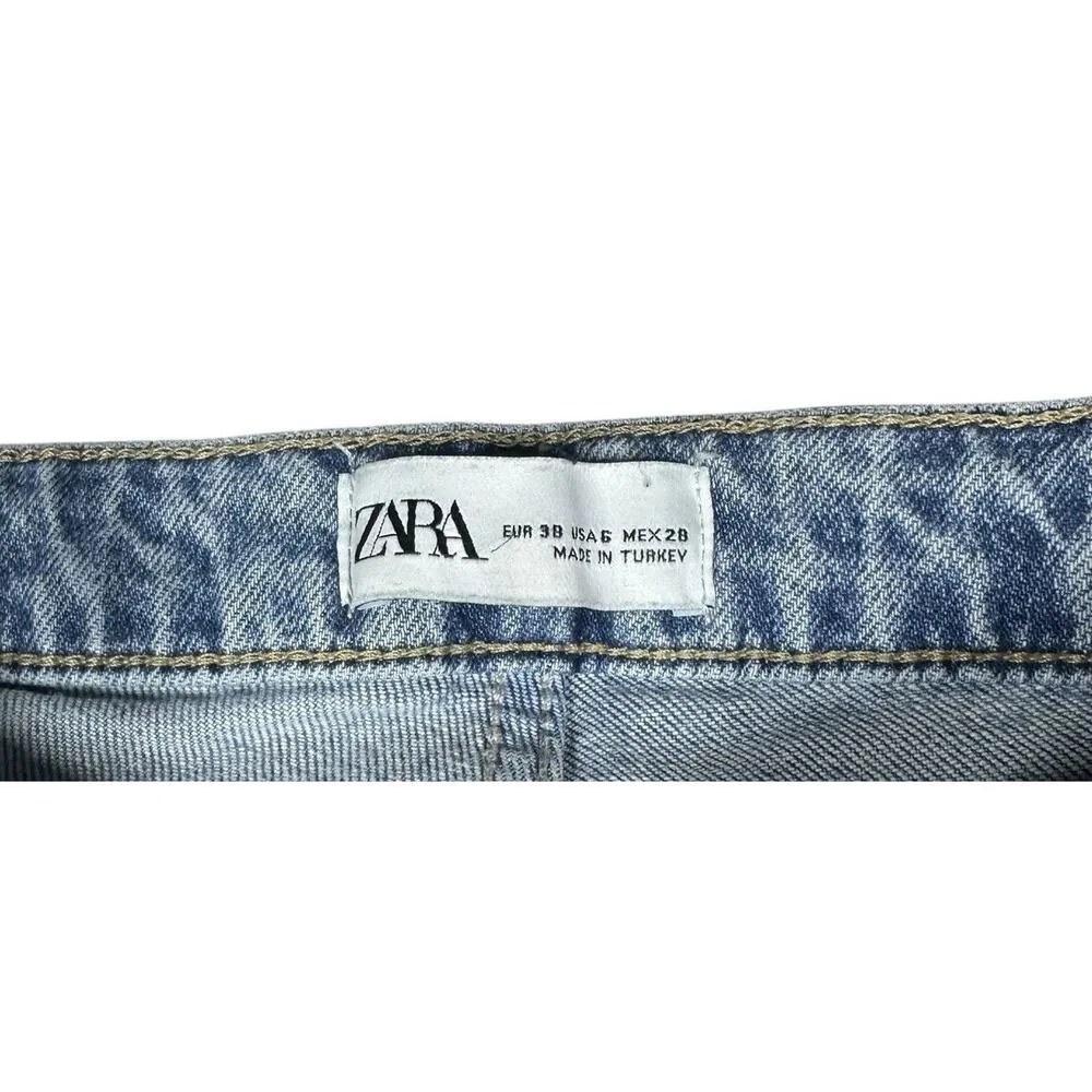 Zara Womens Cropped Jeans Frayed Hem Blue Wash Straight Leg High Rise US 6 EU 38 - Image 7