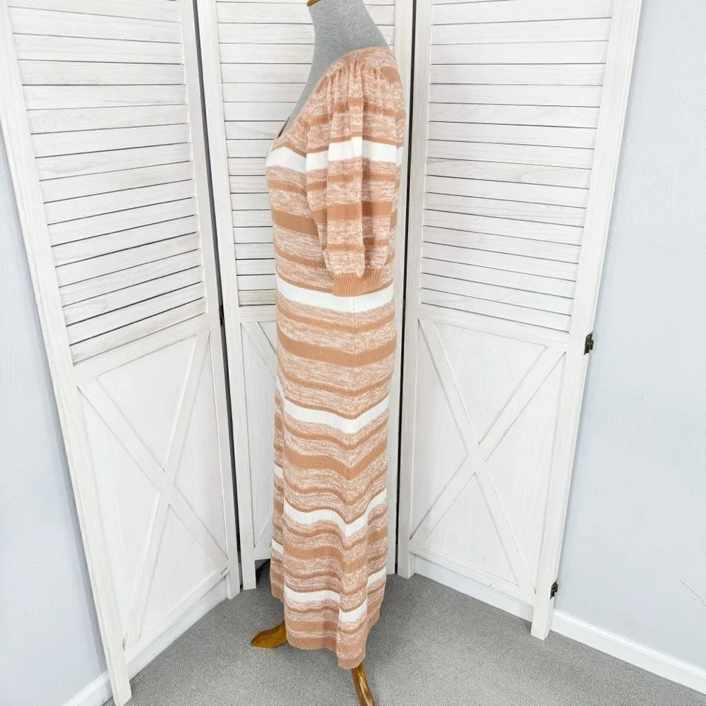 Amour Vert Vivienne Striped Sweater Dress Tan White Large Puff Sleeve Cotton - Image 3