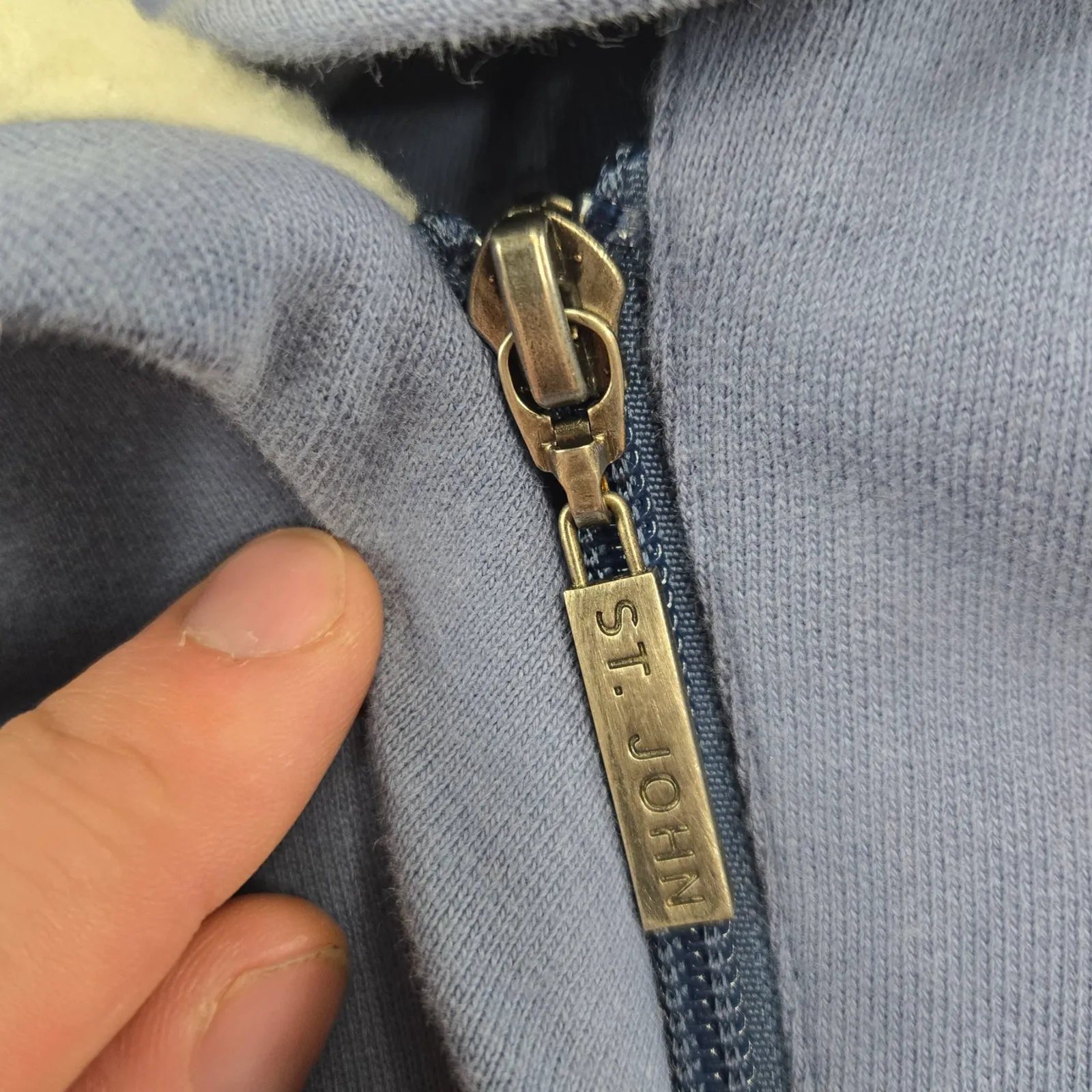 Y2K St John Sport Blue Knit Jacket Shearling Collar Asymmetrical Zip Size Medium - Image 5