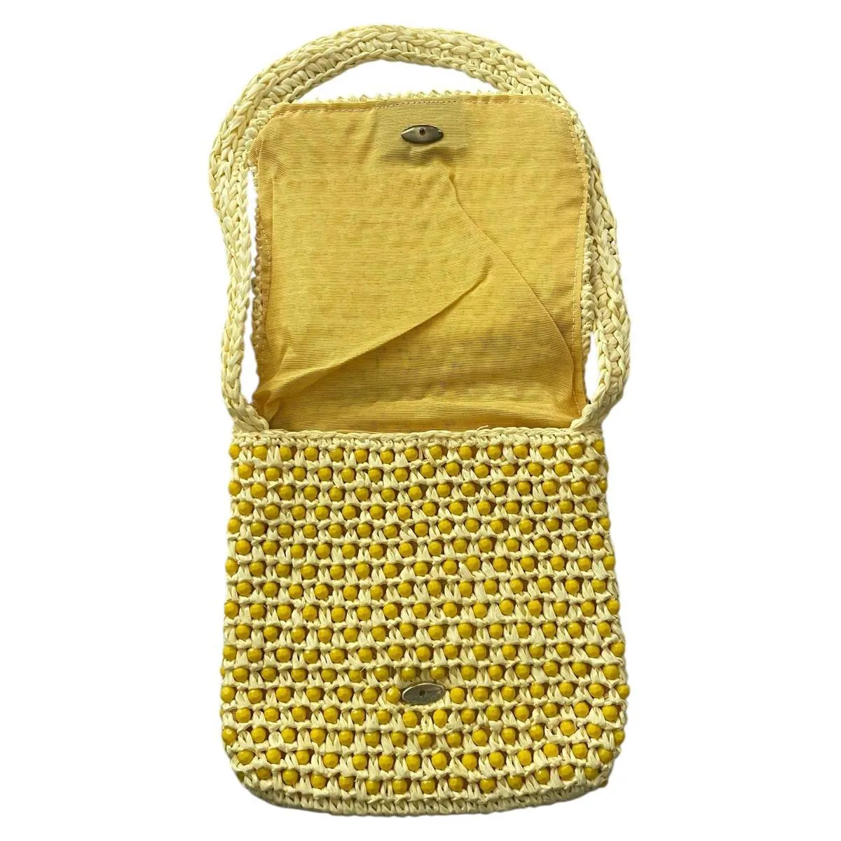 Vintage 60s Macy's Raffia Beaded Straw Bag Purse Italy MCM Yellow - Image 2