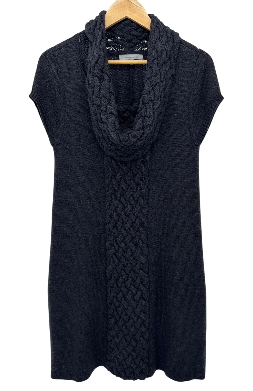 Classiques Entier 100% Merino Wool Cable Knit Cowl Neck Sweater Dress M Gray - Image 1