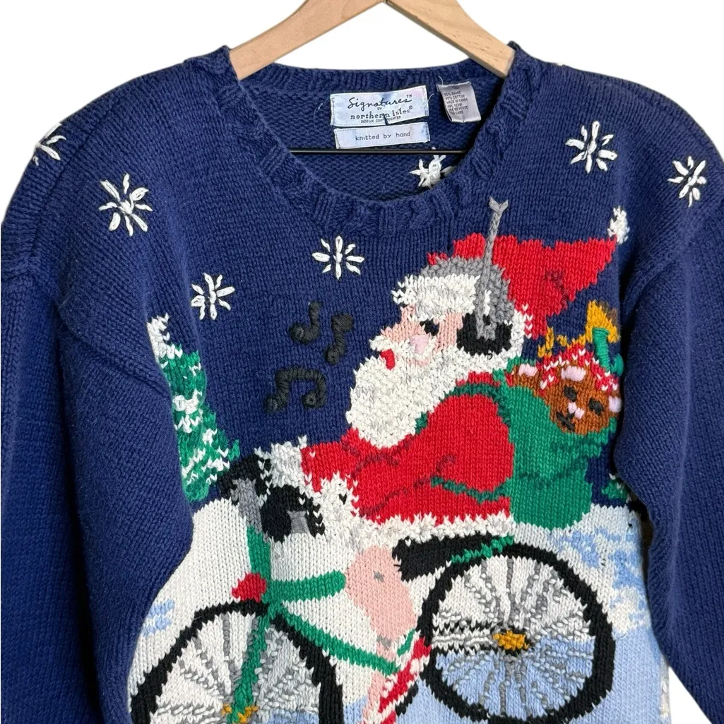 Signature By Northern Isles Sz M Santa Riding Bicycle Hand Knitted Heavy Sweater Size M - Image 3