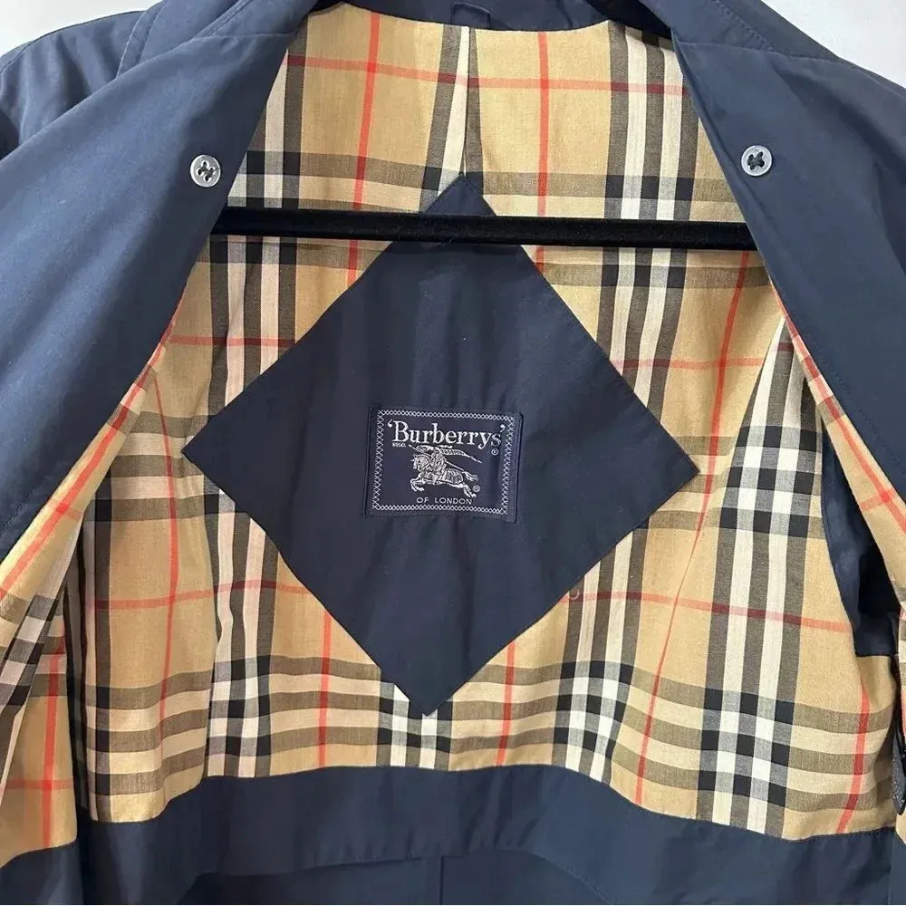 Vintage Burberry Trench Coat Burberrys’ Navy Blue Trench Coat Button Up Size XS - Image 6