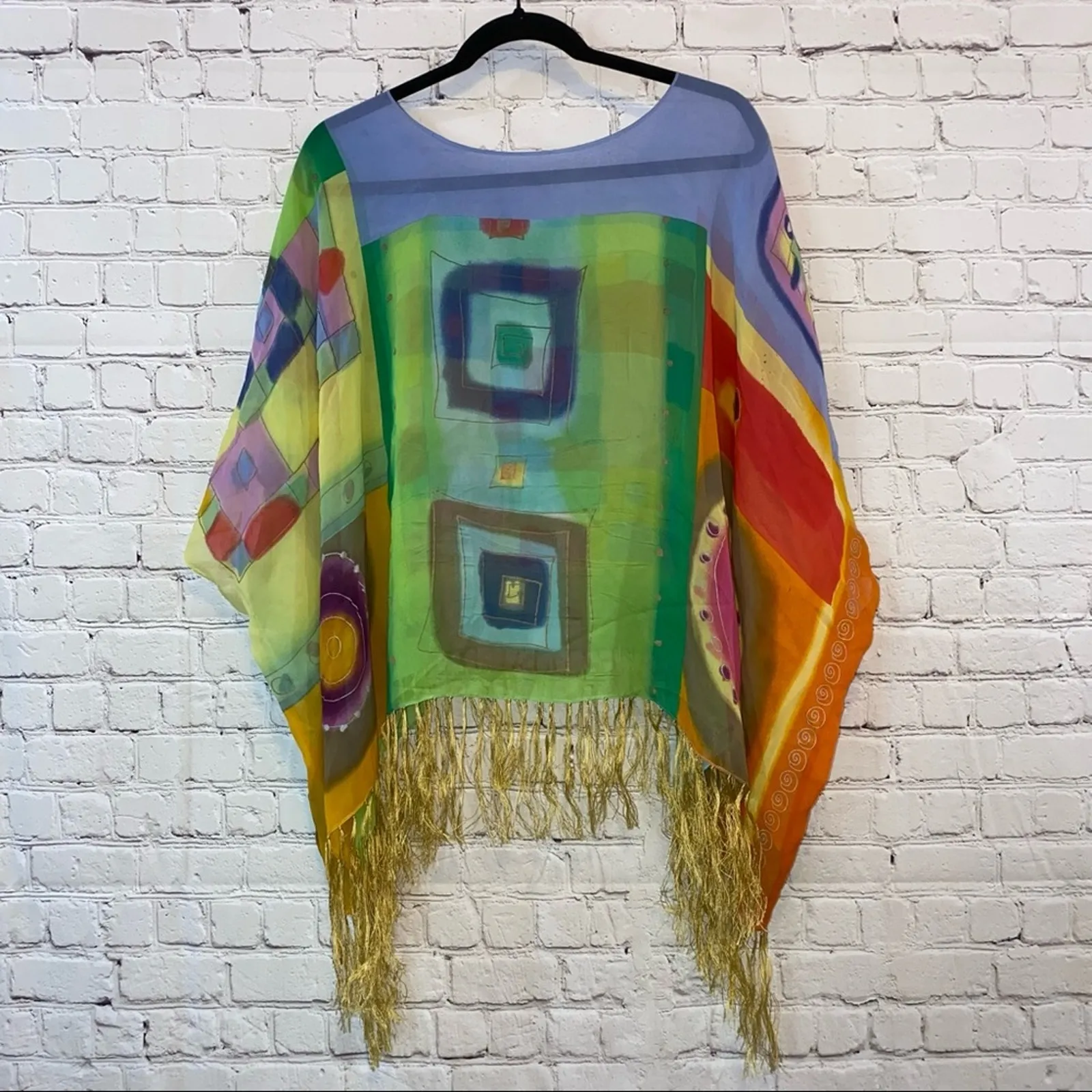 Sheer Colorful Boho Poncho Top Fringe Hem Festival Beach Cover Up Green Size undefined - Image 5