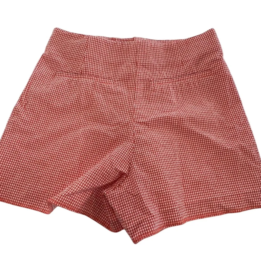 Zara Shorts Womens Small Red White Gingham Check Cotton Blend High Rise‎ Summer - Image 2