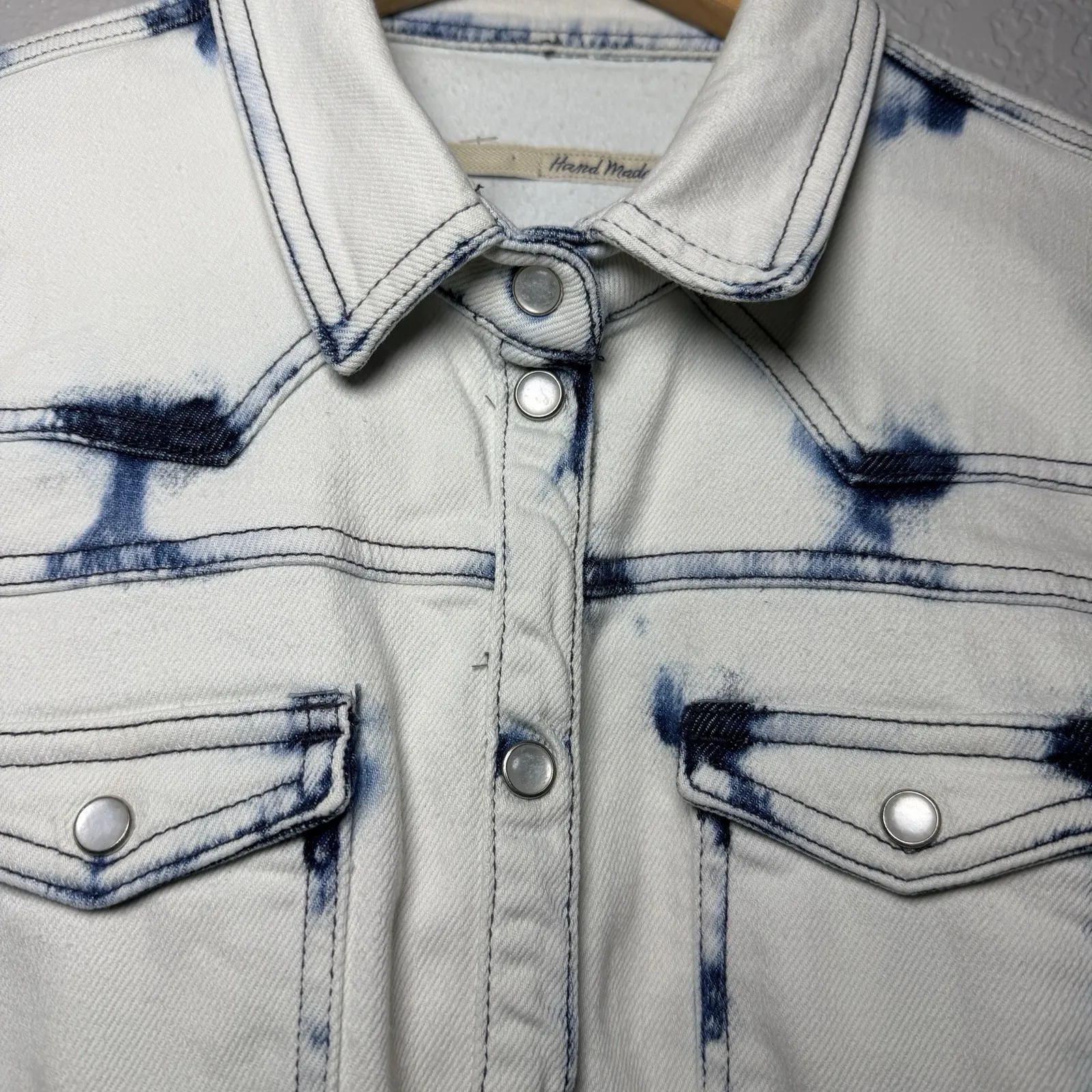 Teleria Zed Womens Handmade Denim Shirt Jacket 46 L Tie Dye Bleach Wash Italy Blue Size L - Image 11