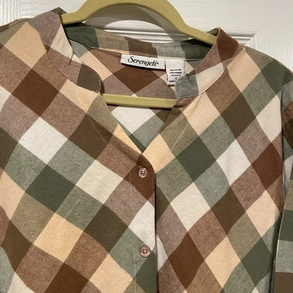 NWOT Serengeti Size L Long Sleeve Sage Pink Check Flannel Button Up Mini Dress Green Size L - Image 4