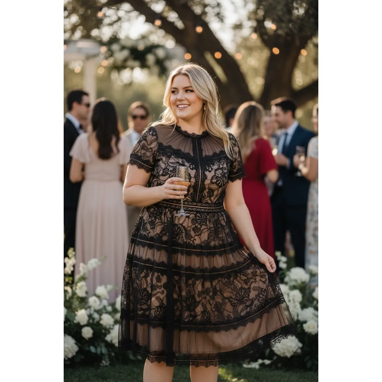 Tadashi Shoji Camilla Black Lace Overlay tea length Dress Short Sleeve Size 16W - Image 3