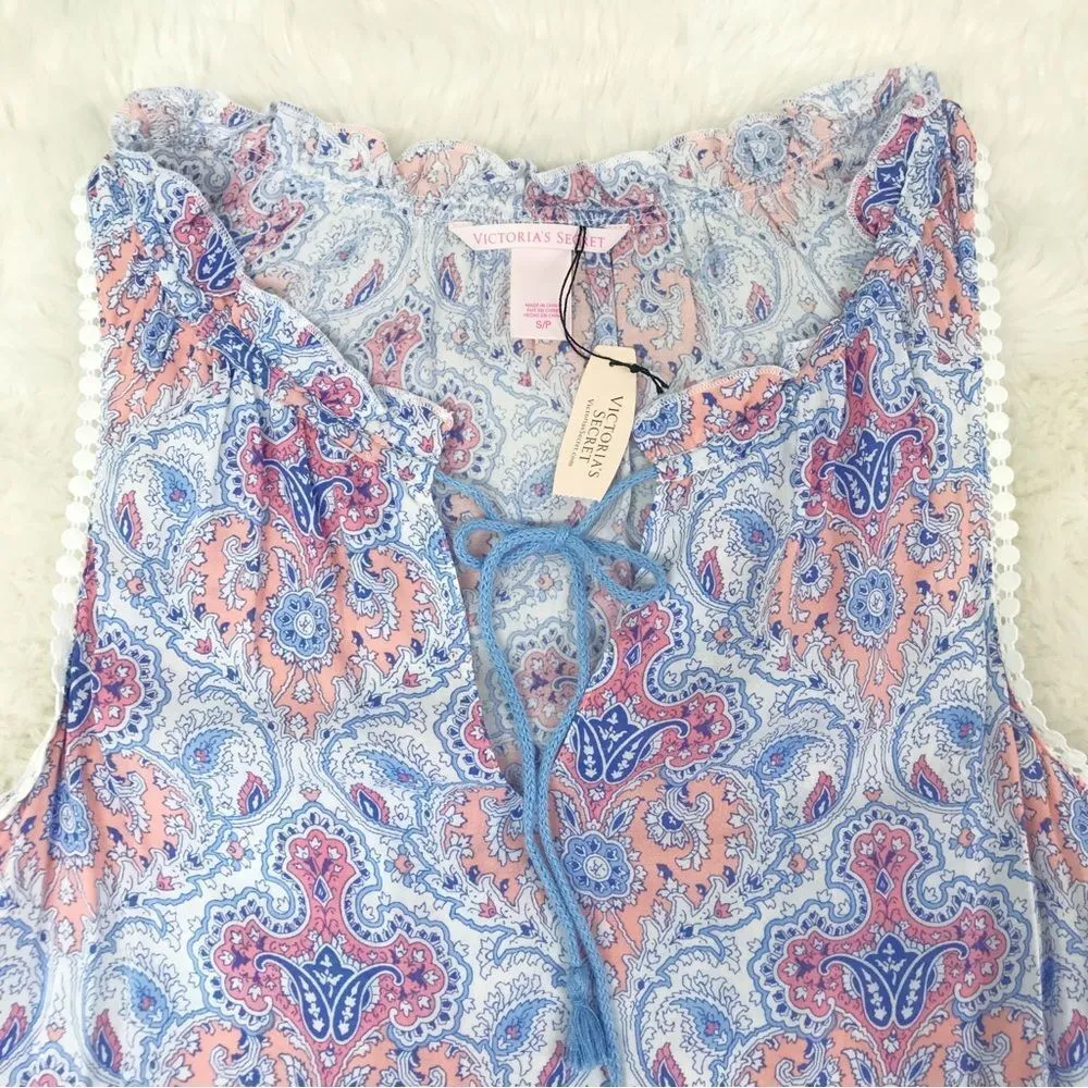 VICTORIA’S SECRET Blue Paisley Print Short Nightgown Sleeveless Size Small New‎ - Image 3