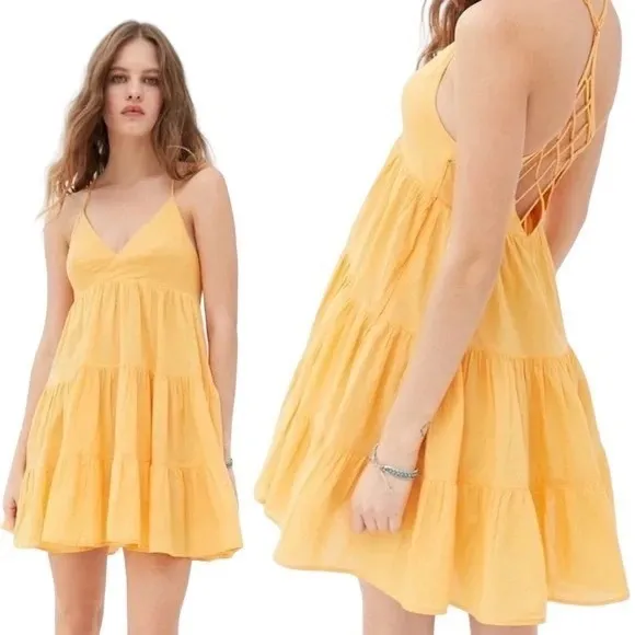 Urban Outfitters Fieldstone Ladder Open Back Tiered Mini Dress in Mango Yellow - Image 9