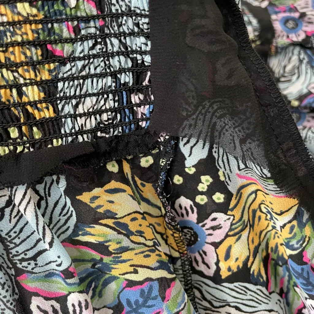 Floral Blouse Sheer Long Sleeve FLAWED Shirred Smocked Ruffles Blue Long‎ Sleeve Size L - Image 9