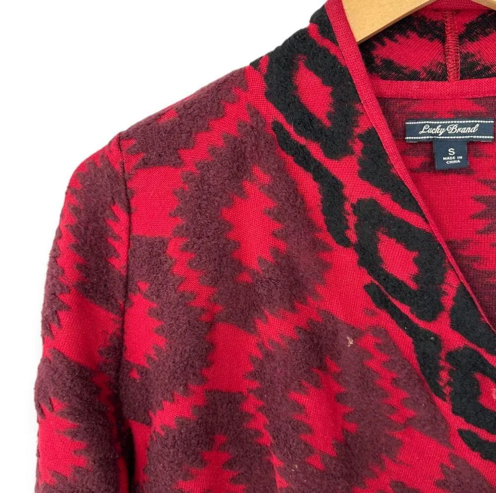 Lucky Brand | S/M | Red Aztec Textured Knit Open-Front Draped Cardigan Wrap - Image 4