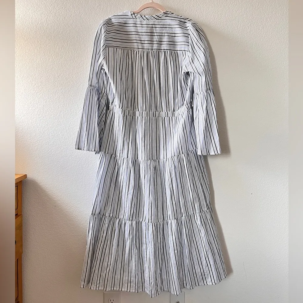 Michael Michael Kors‎ Striped White Blue Cotton Gauze Tiered Midi Dress Large - Image 4