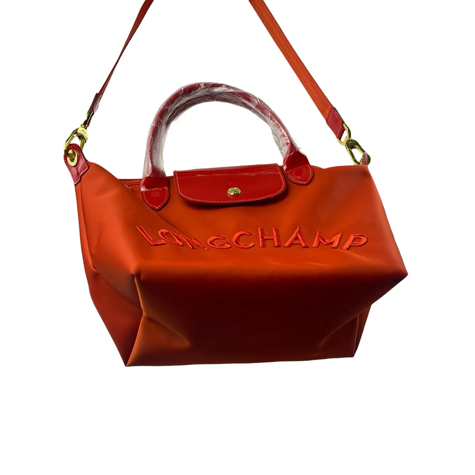 NEW Longchamp LE Pliage Orange Gold Accent Cross Body Shoulder Handbag One Size - Image 2