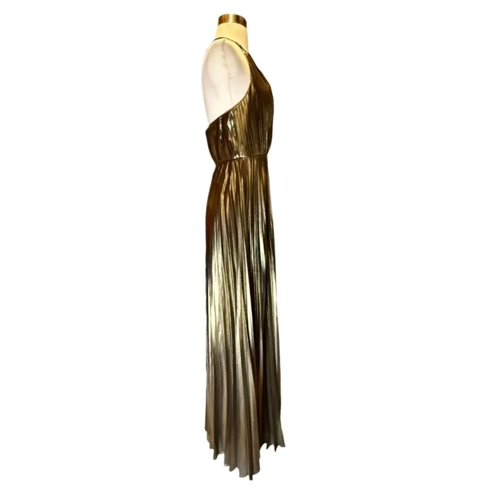 AIDAN MATTOX Pleated Folied Chiffon Halter Gown Bronze Metallic Maxi 4 EUC - Image 7