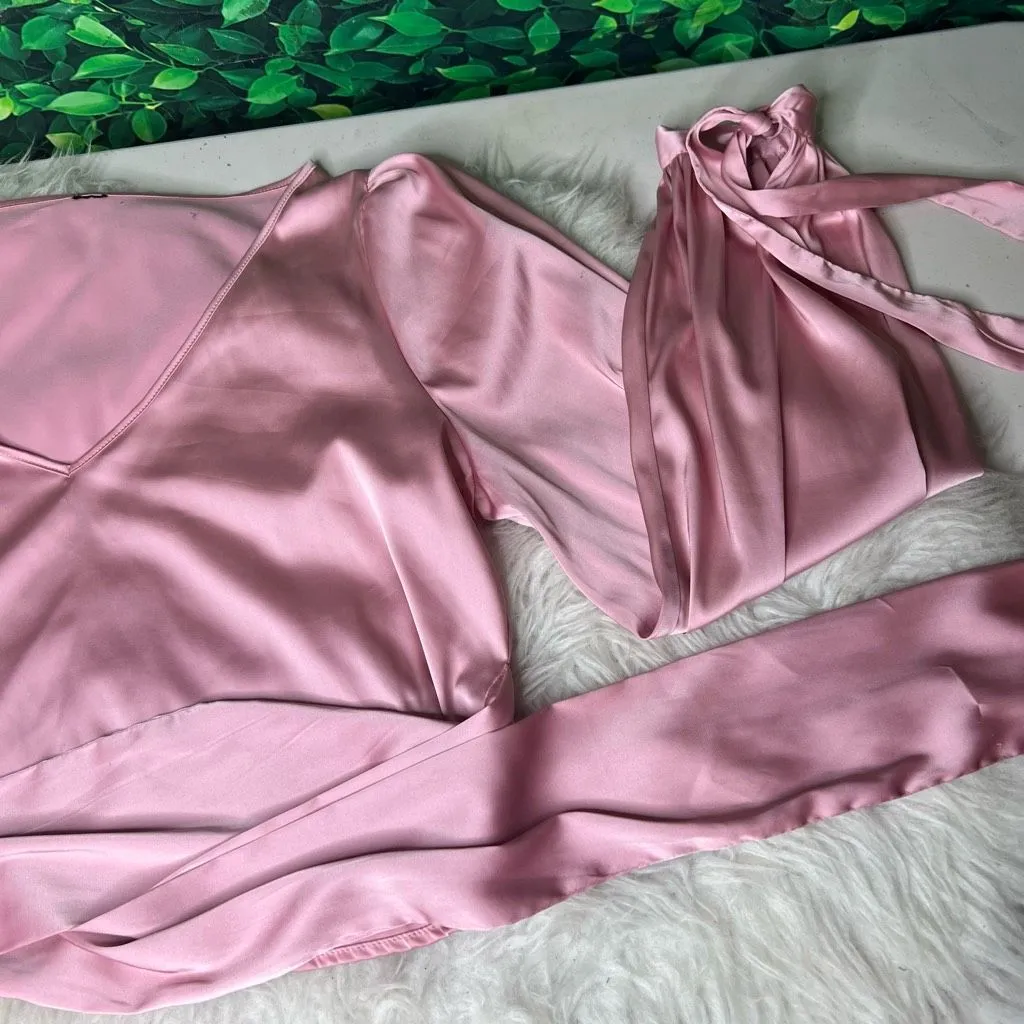 Women's Elegant V Neck Self Tie Knot Long Sleeve Satin Blouse Shirt Top Pink L Size L - Image 12