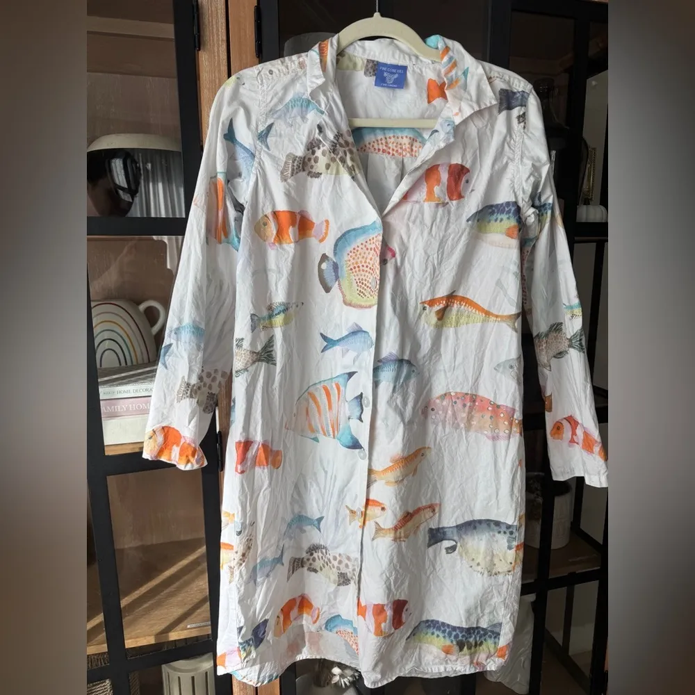Fish dress shirt long sleeve button down coverup watercolor print beach swim - Image 11
