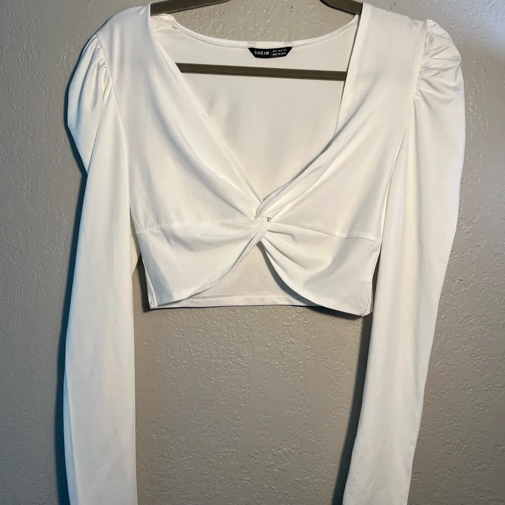 SHEIN White Ruched Long Sleeve Crop top Blouse Wide Neck Sz S T-shirt Y2K - Image 2
