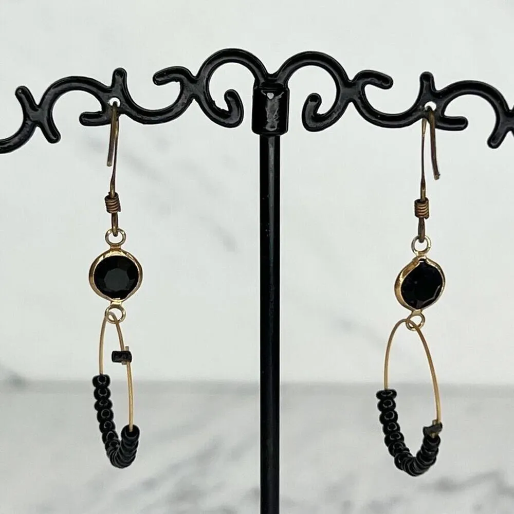 Black Beaded Gold Tone Hoop Earrings Pierced Pair - Image 4