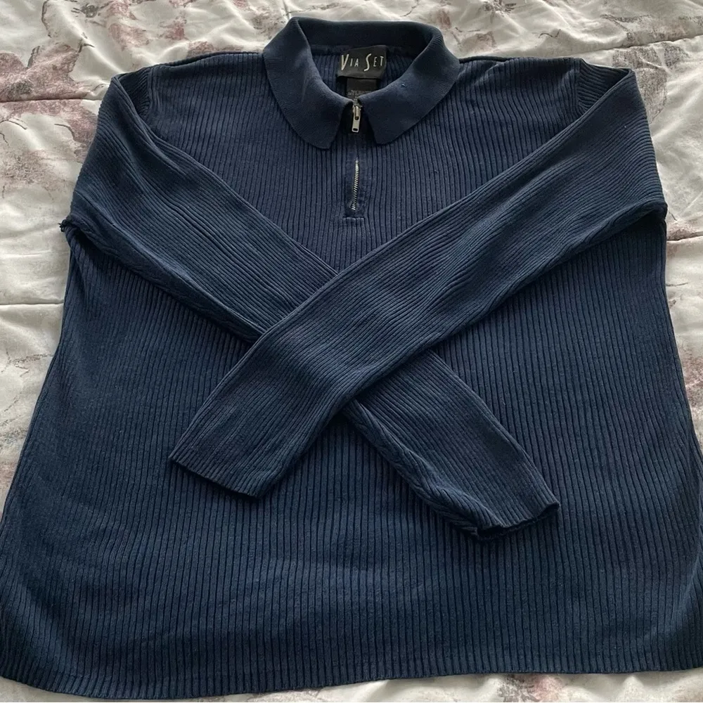 Via Seta silk blend navy blue ribbed collared 1/4 zip sweater, size M Minimalist Size M - Image 8