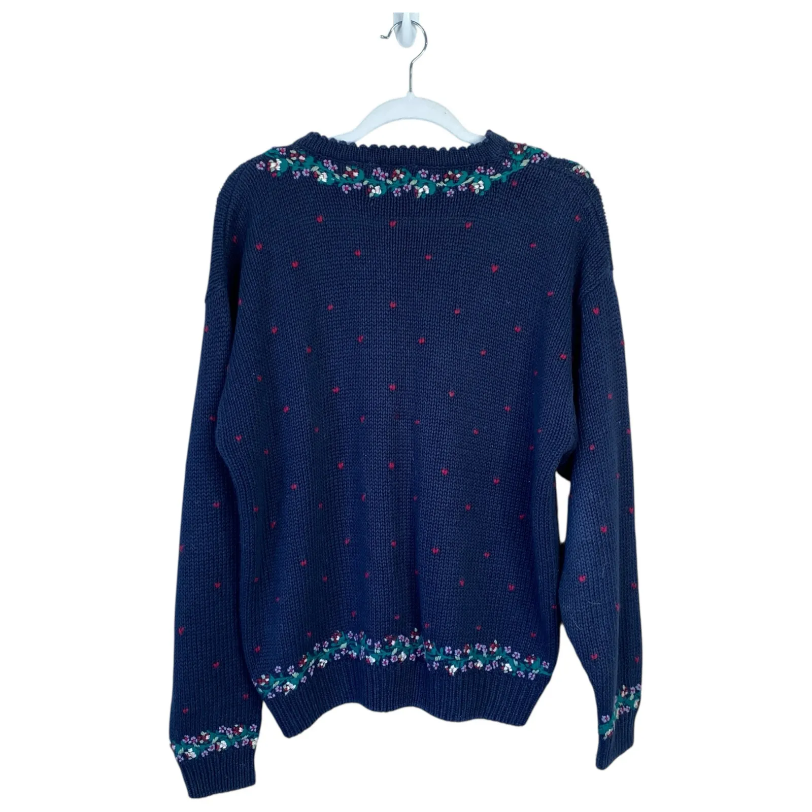 Vintage CARE ISLE KNITTERS Sweater Floral Granny Size Medium Navy Blue - Image 2