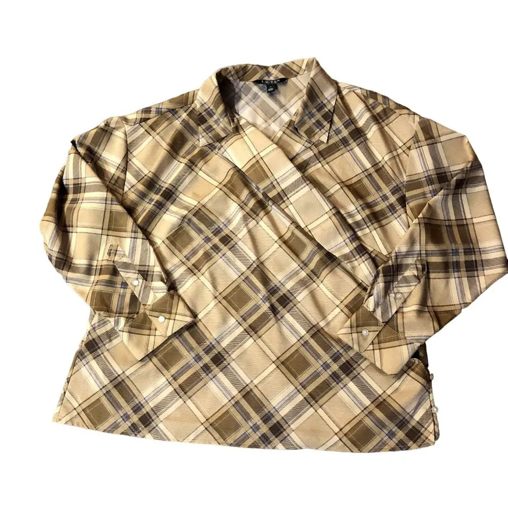 Lauren Ralph Lauren Wrap Blouse Womens 1X Used Plaid Brown Tan Periwinkle - Image 14
