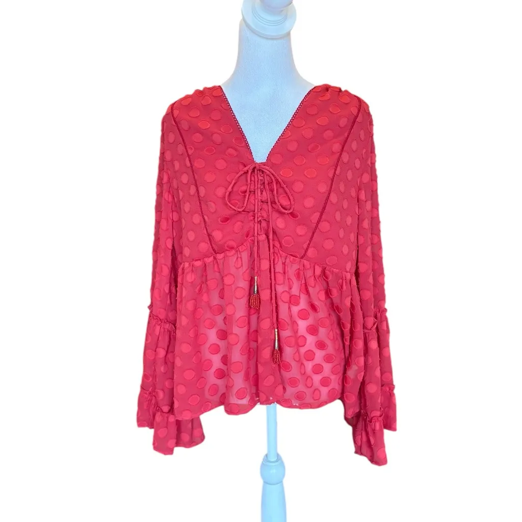 Soft Surroundings Besito Blouse Red Polka Dot Bell Sleeve Womens Medium NEW - Image 2