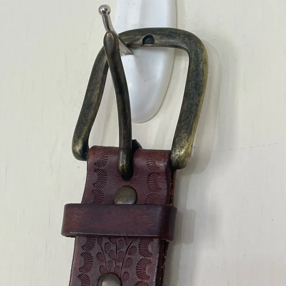 Old Navy Brown Genuine Leather Belt Studded Embossed Western Boho Belt ~ Size S - Image 3