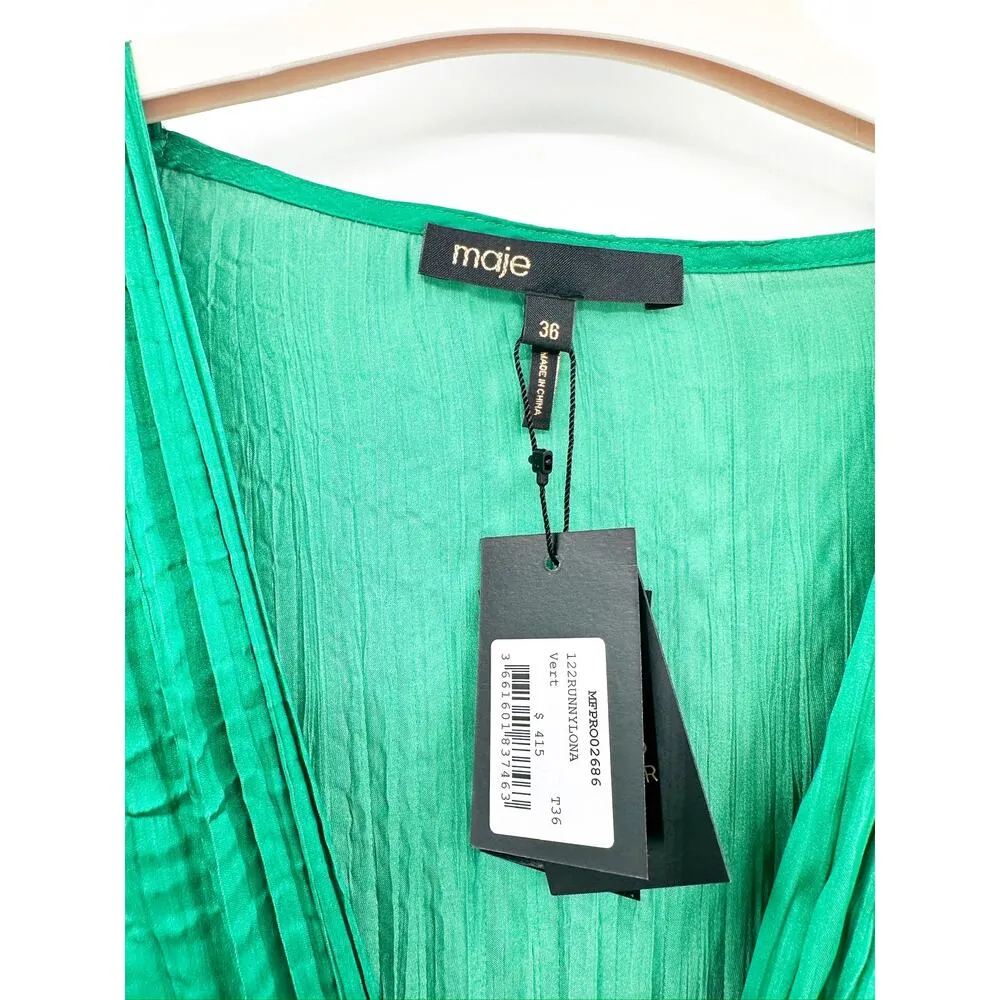 Maje Vert Green Runnylona Gathered Plunge V-Neck Long Sleeve Mini Dress NWT - Image 4