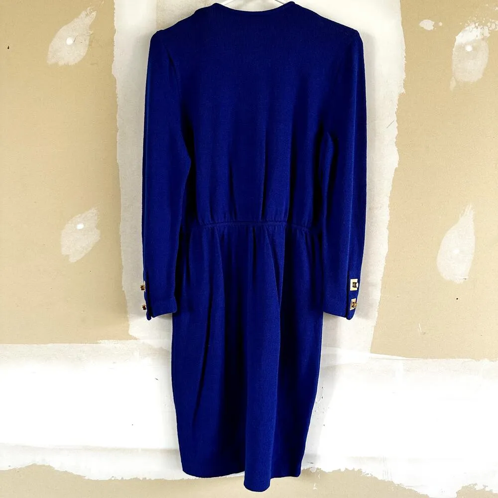 Vintage St John Santana Dress Gold Button Front Belted Formal Royal Blue 6 - Image 3