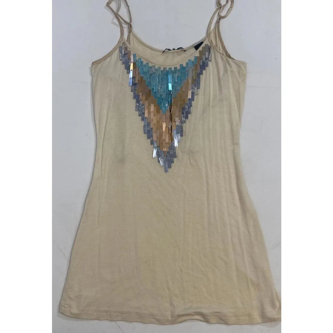 BKE Sequin Metal Beaded Tank Top Cami Y2K Boho Hippie Sheer Blouse Size Small - Image 5