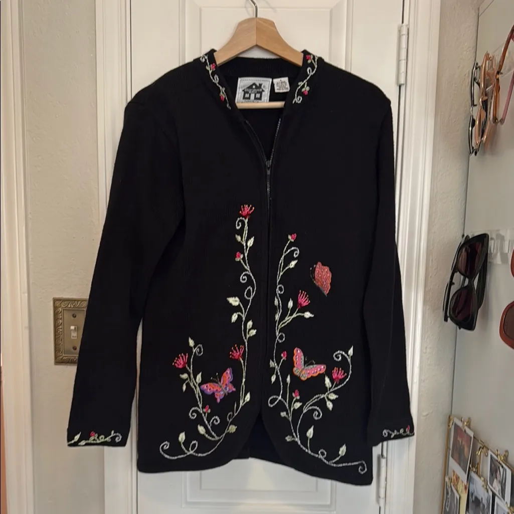 Storybook knits butterfly garden embroidered zip up cardigan Black - Image 2