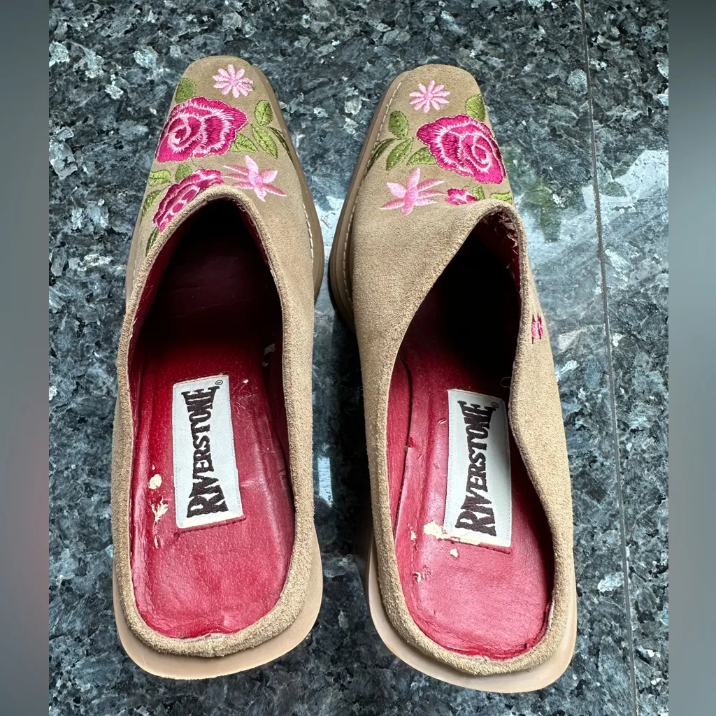 Vintage Riverstone Rosebuds Women’s Brown Leather Suede Western Clogs Y2K Size 9 Tan - Image 10