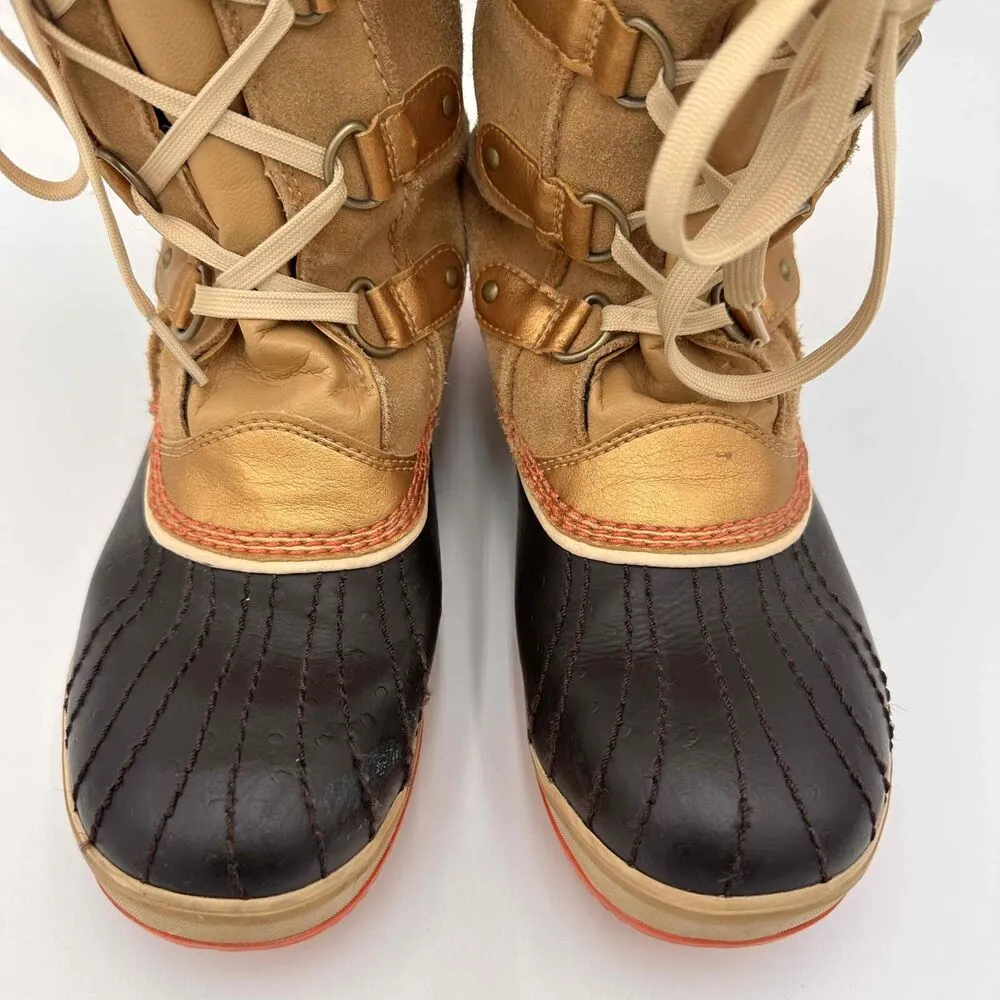 SOREL Tofino Women's Gold Lace-Up Waterproof Boots With Faux Fur Cuff Size 7 - Image 5