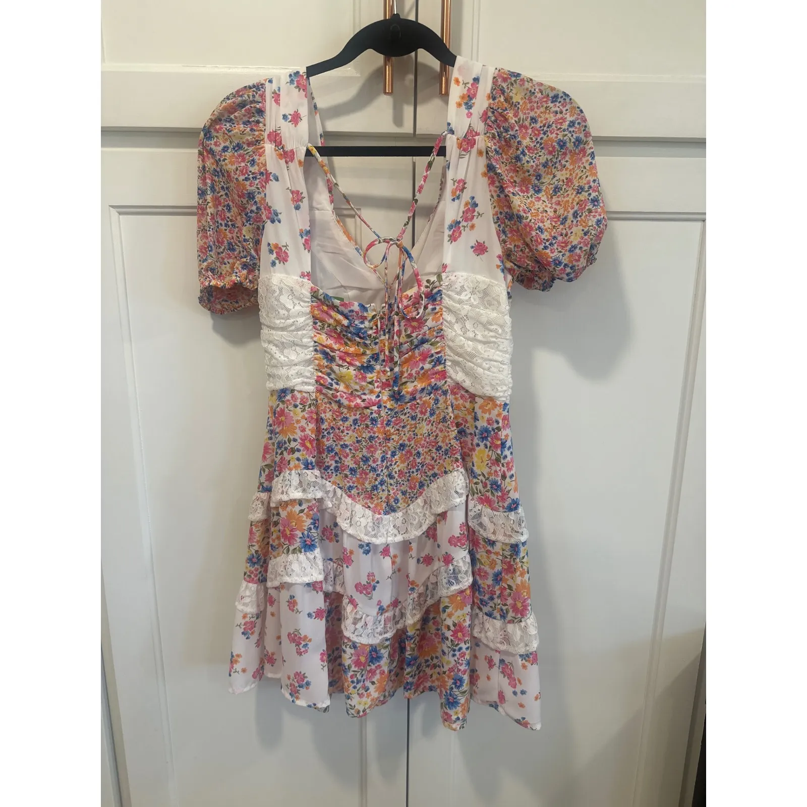 Altar State Floral Puff Sleeve Lace Trim Ruffle Mini Dress M cottage core fairy White Size M - Image 5