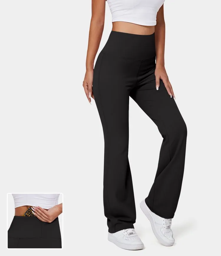 Halara High Waisted Back Pocket Plain Slight Flare Legging in Black - Image 2