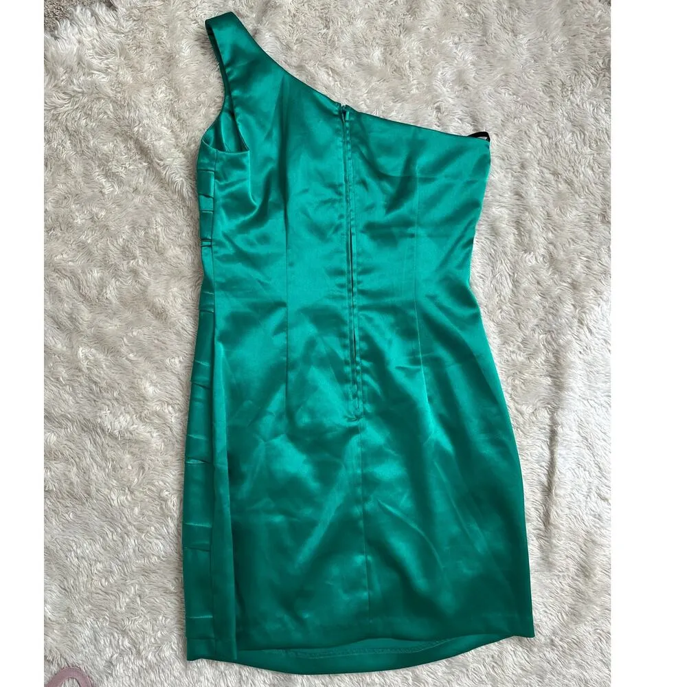 A. Byer Sz 5 S Green Satin Stretchy Cocktail Mini Dress Assymetric One Shoulder - Image 7
