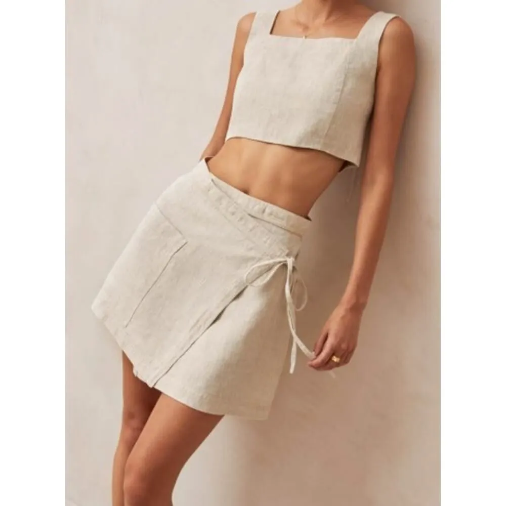 ALOHAS Linen Chari Wrap Mini Skirt in Natural Sz. S - Image 3
