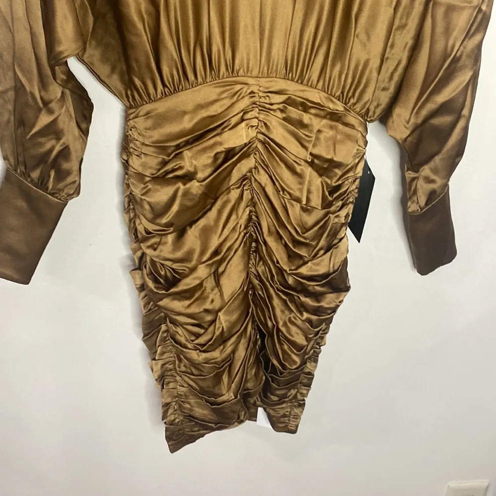 Retrofete Barbara silk ruched mini dress in olive army hue size XS - Image 5