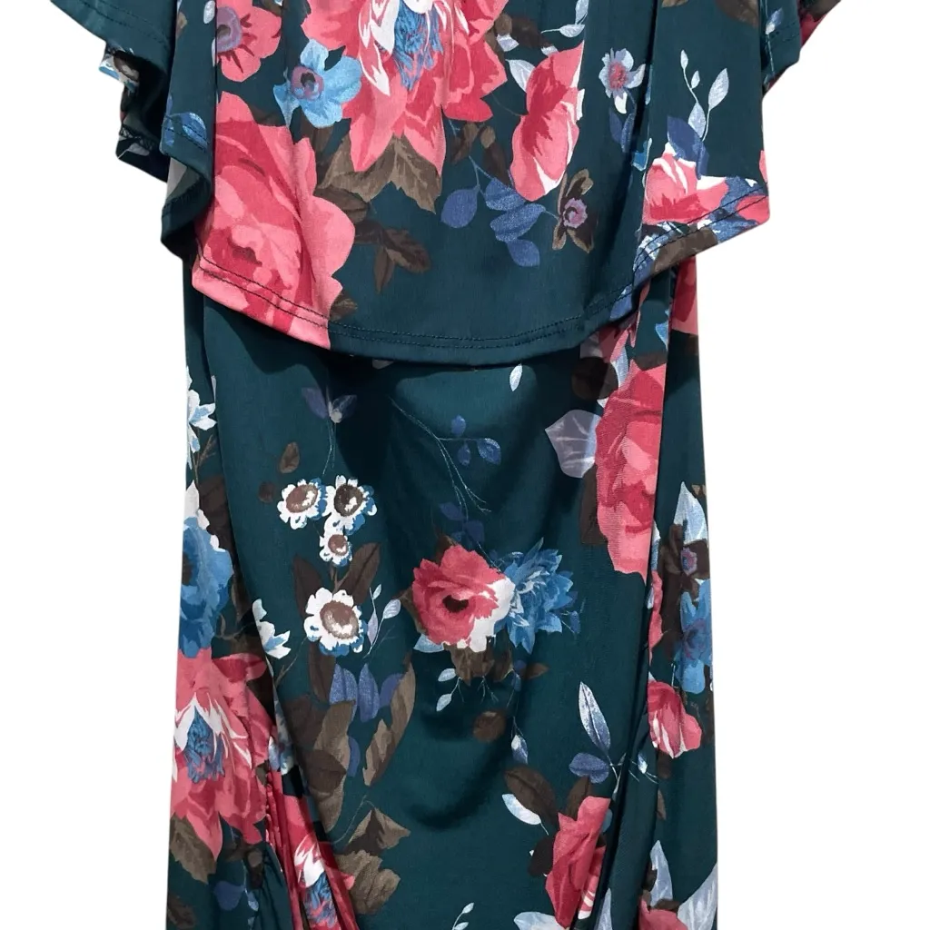 My Bump Floral Off Shoulder Maternity Midi Dress Green Pink Blue Size Medium - Image 3
