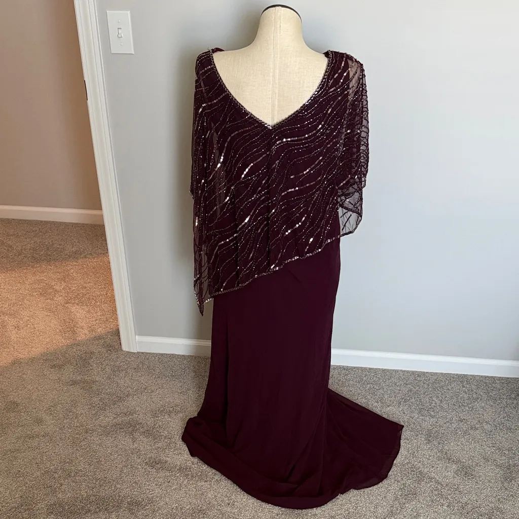 J Kara Women's Pop Over Long Burgundy Beaded Dress New Size 16 Purple - Image 9