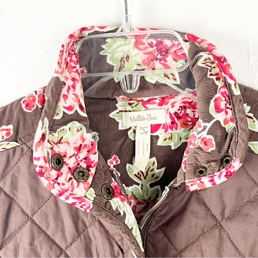 MATILDA JANE Sydney Reversible Brown Quilted Corduroy Floral Vest, Size Small - Image 6