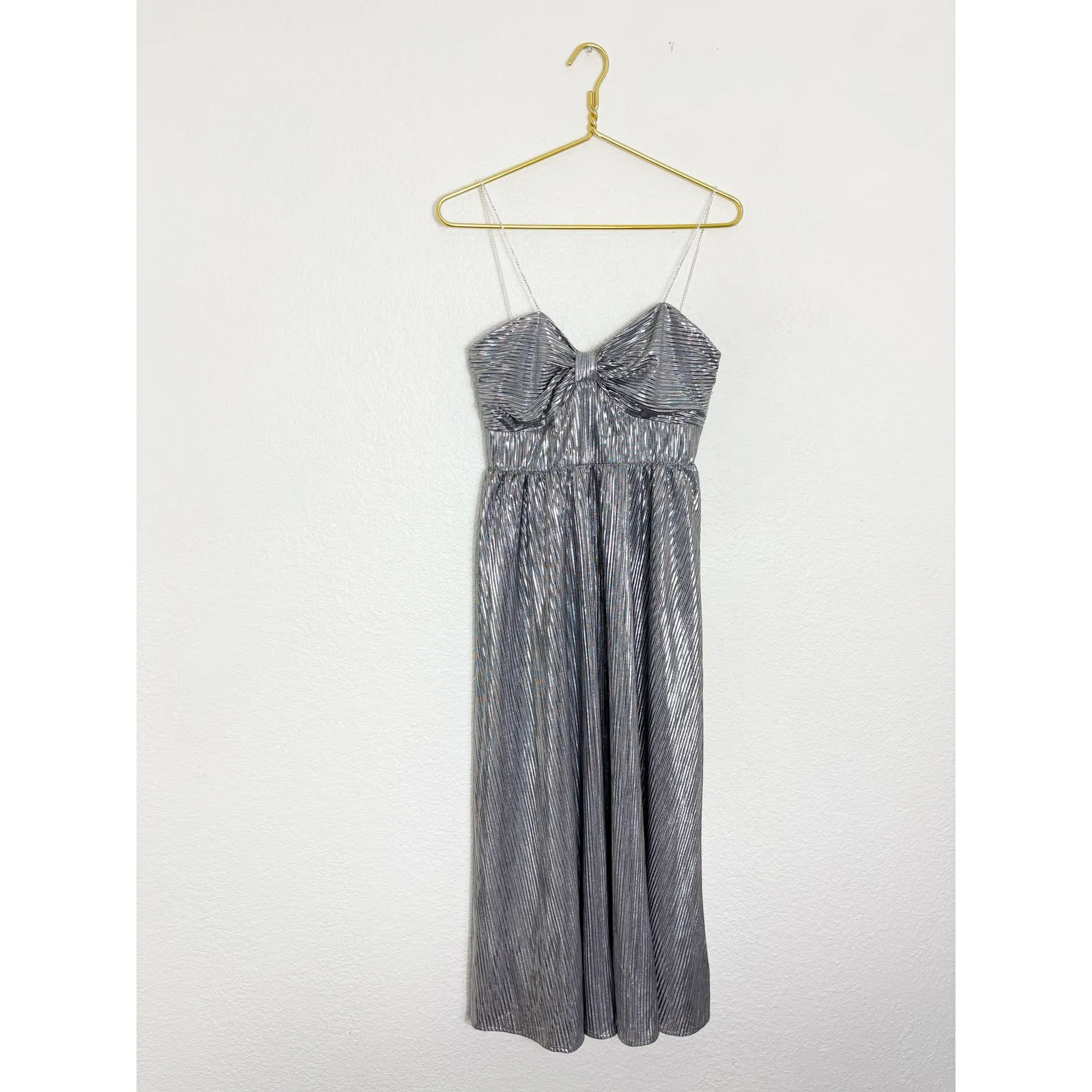 Lovers + Friends Tanya Midi Dress Silver Small Metallic Pleated Rhinestone Strap - Image 4