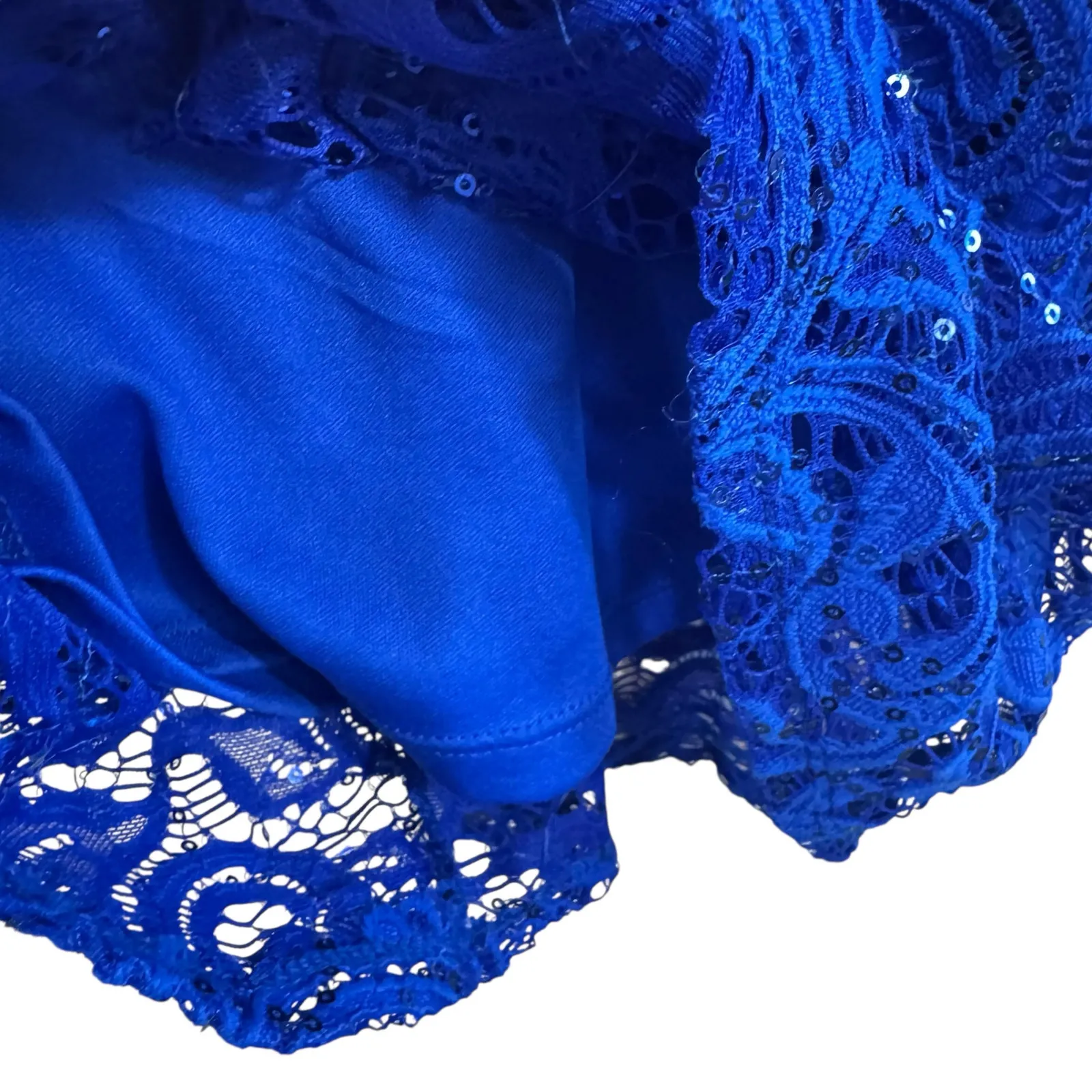 Marina Cobalt Blue Nylon Lace Sequin Cap Sleeve Lined Midi Sheath Dress‎ Size 6 - Image 6