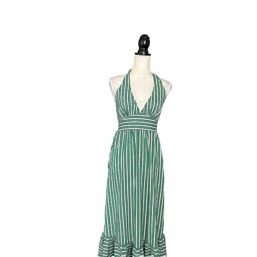 Jealous Tomato Halter Neck Maxi Dress Green Striped Open Back Ruffle Hem Sz S - Image 5